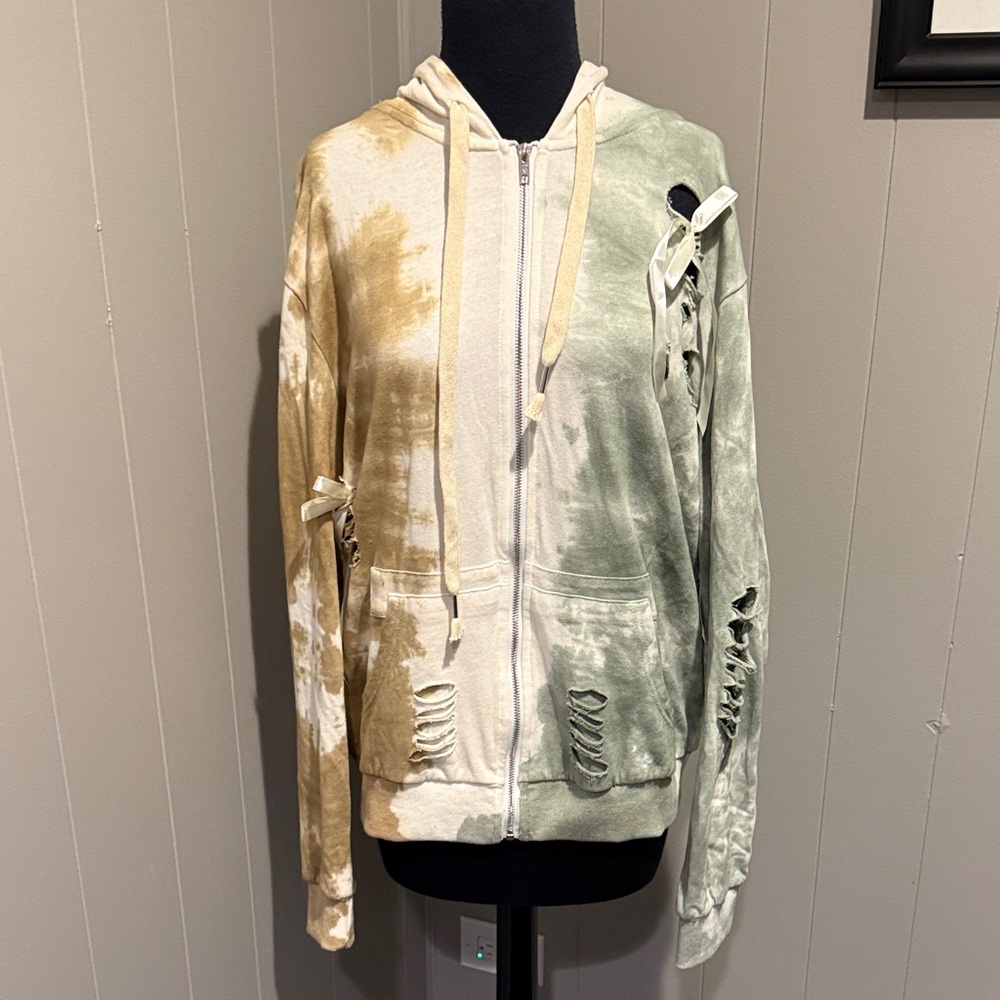 B34 POL Women Small Tie-Dye Hoodie in Cream Taupe and Green Distressed & Bows